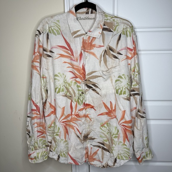 Caribbean Hawaiian Linen Shirt Men's Large Long Sleeves Button-Up Palm Trees - Picture 1 of 6